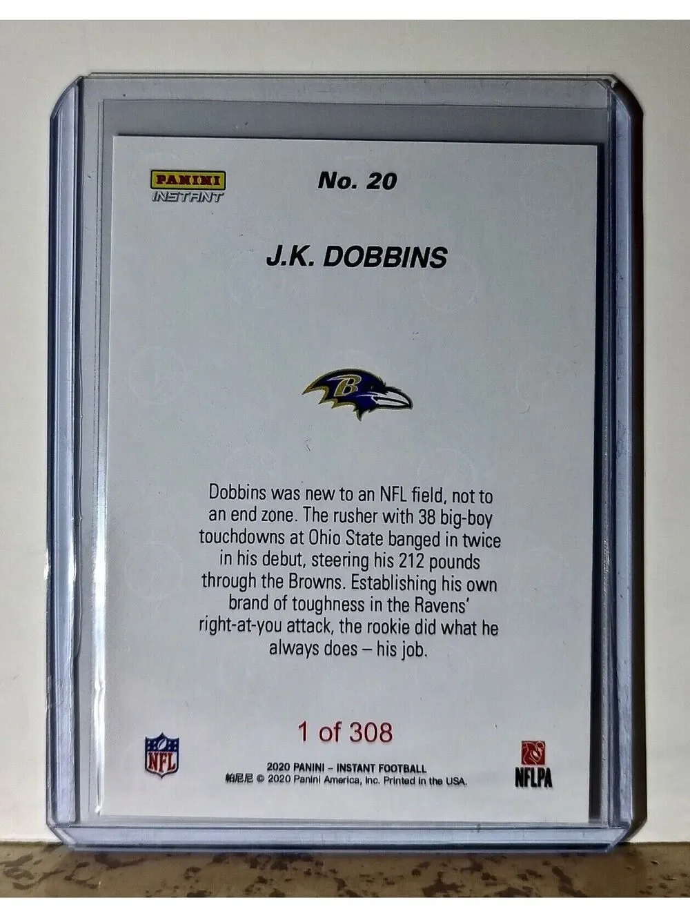 J.K. Dobbins 2020 Panini NFL #20 Rookie Football Card Baltimore Ravens 1 of 308